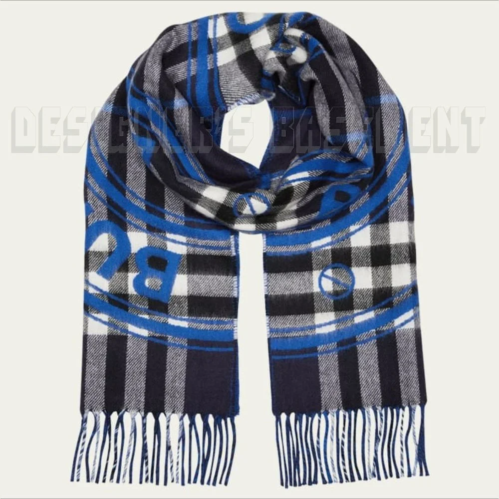 BURBERRY gray ROUNDEL GIANT CHECK reversible to blue LOGO Cashmere 12x66